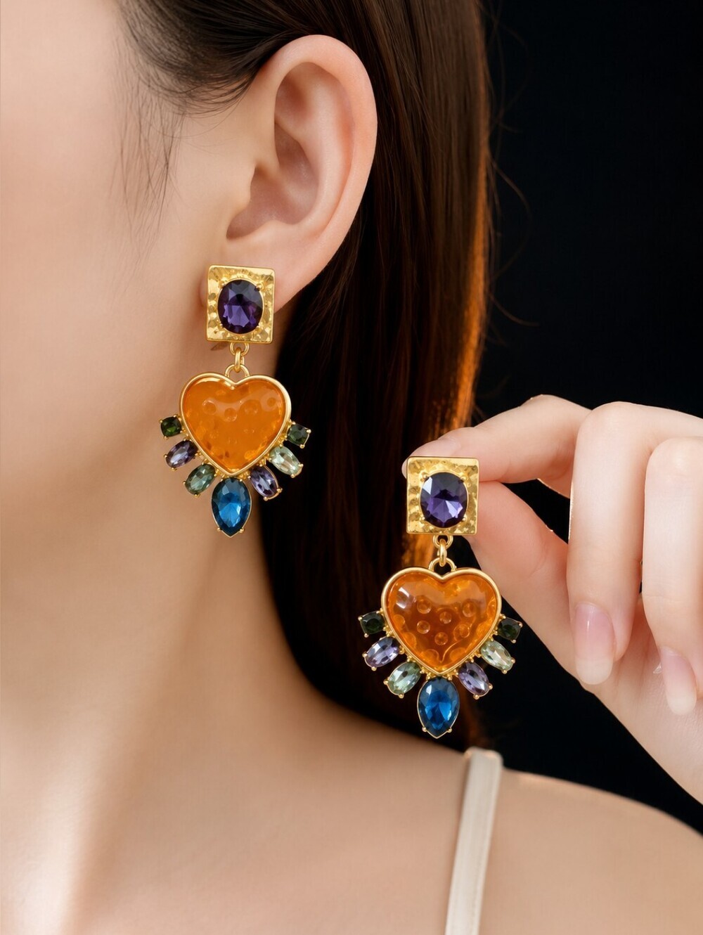 Gold-Tone Orange Heart Drop Earrings - Designer Style